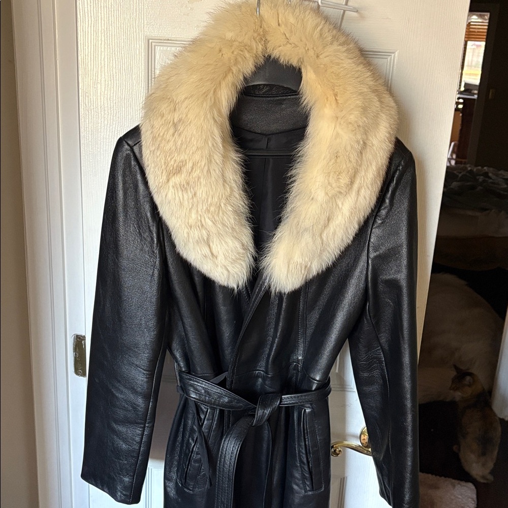 Black Leather Coat with Silver tipped Fox Fur Collar. size M